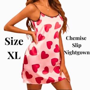 Chemise Slip Lingerie Women's Nightgown Sz SmallPink Red Hearts Scoop Neck